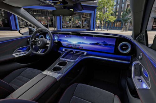 2026 Mercedes-Benz C-Class EV &ndash; interior shown with massive MBUX Hyperscreen; full reveal April 20
