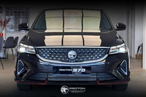 2026 Proton S70 shown &ndash; i-GT 4-cyl, new headlights and wheels, bodykit with red lines, Giti tyres