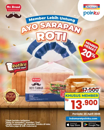 Promo Indomaret Hari Ini 25 April 2026, Roti Tawar Hanya Rp 13.900